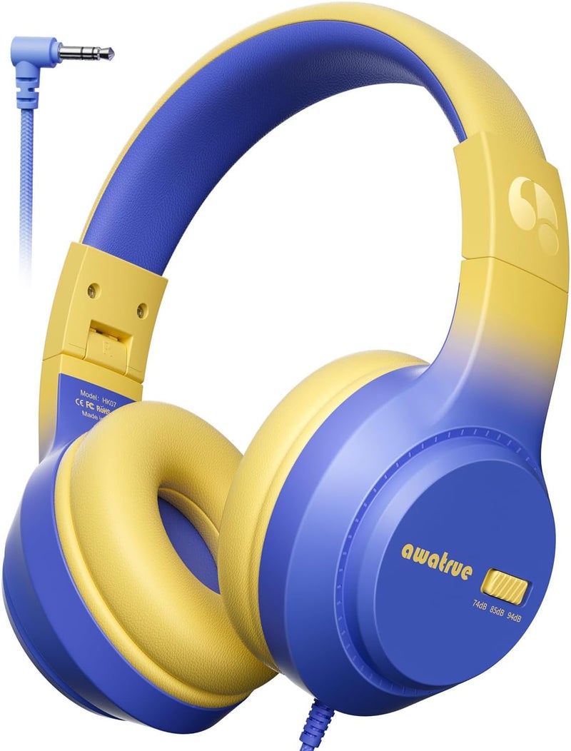awatrue Kids Headphones, 74/85/94dB Volume Limiter, Foldable Wired Over Ear Headphones for Travel, 3.5mm Jack, Toddler Headphones for School, Chromebook, iPad, Tablet, Blue Yellow - Image 1